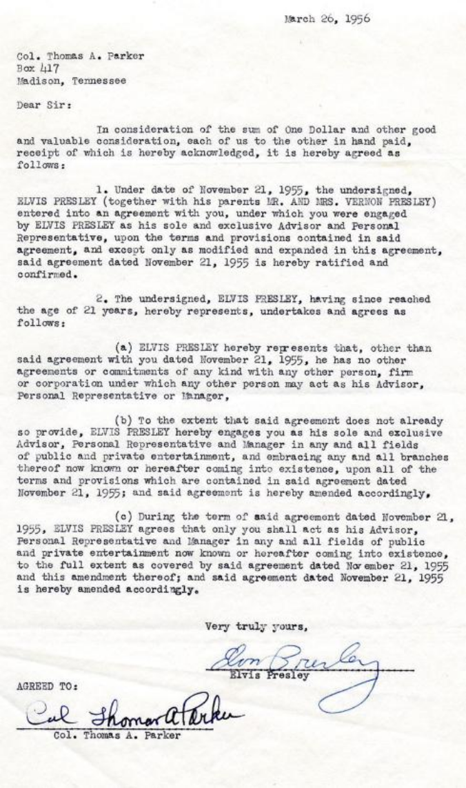Management Contract between Elvis Presley and Colonel Tom Parker (1956)