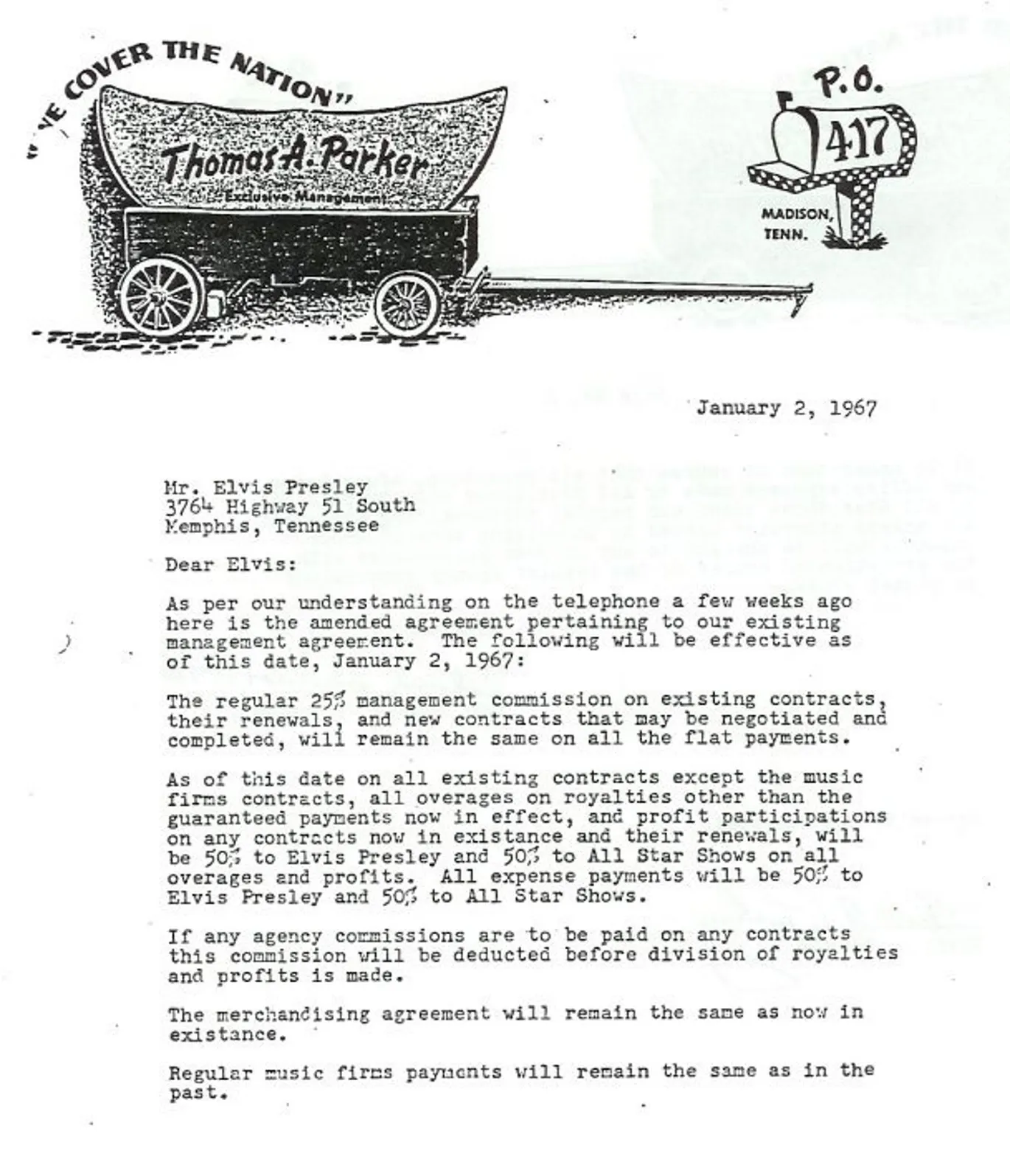 Parker Presley contract amendment 1967